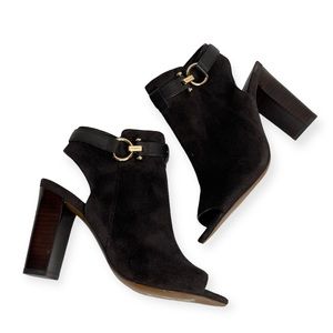 COACH LaFayette Brown Suede Leather Peep-Toe Ankle-Wrap Heeled Bootie Size 6.5